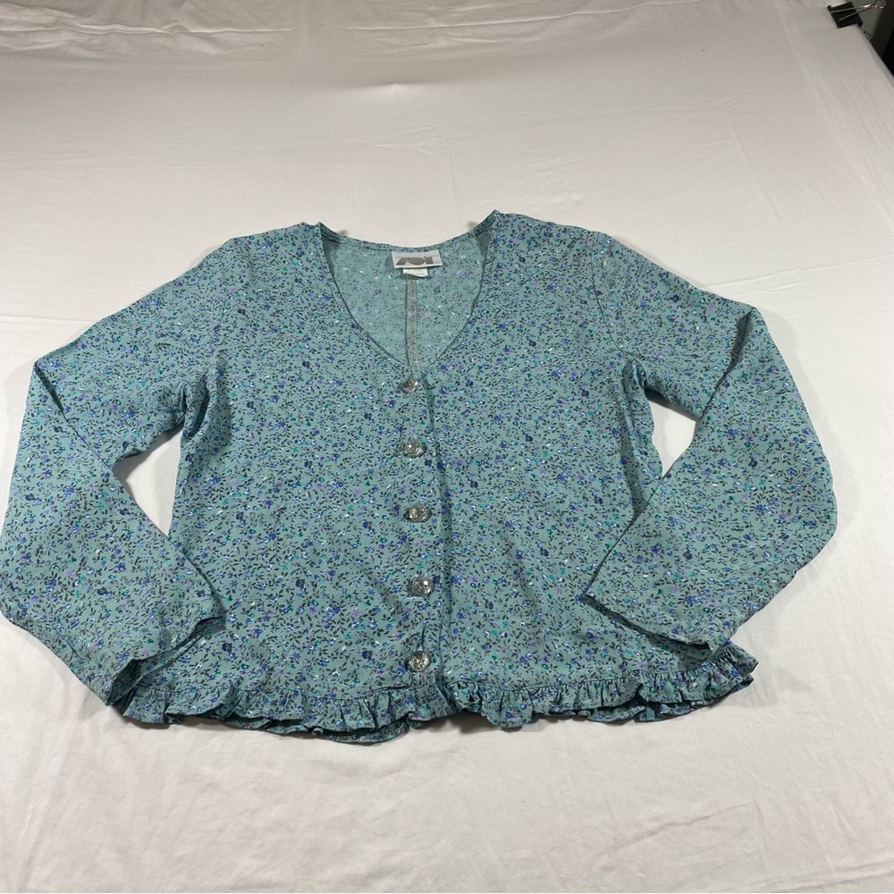 Zoe Button Down Boho Top Floral Blue Glass buttons VNeck Long Sleeve ruffled hem